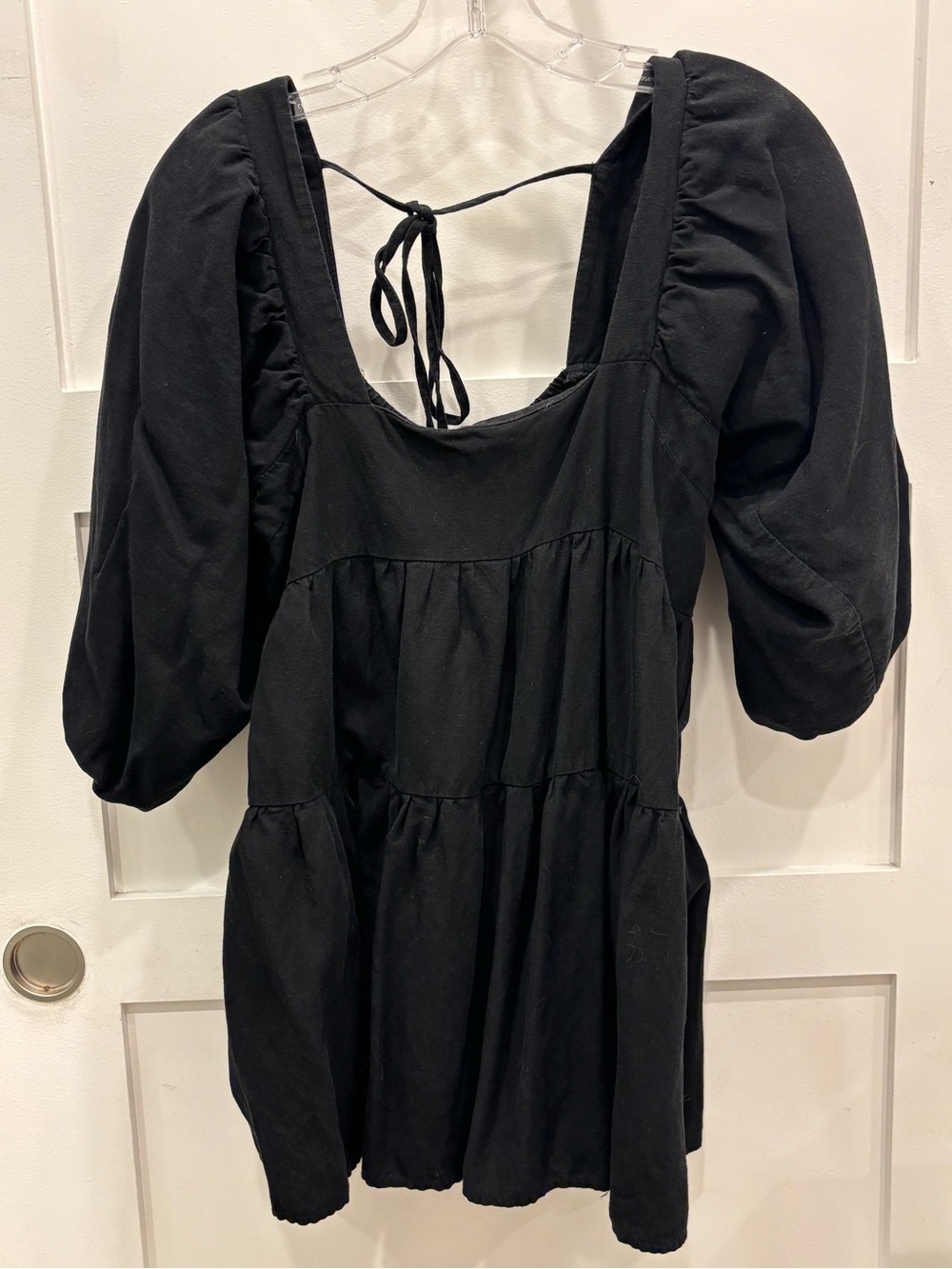 SNDYS Black Puff-Sleeve Square-Neck Blouse linen Blend